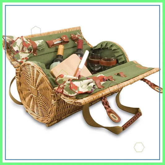 Romantic English-Style Rounded Wooden Wicker Picnic Basket for 2 - Image 1