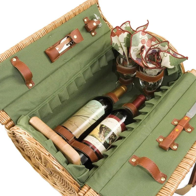 Romantic English-Style Rounded Wooden Wicker Picnic Basket for 2 - Image 3