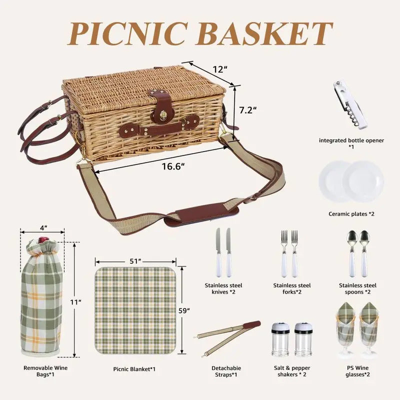 Picnic Basket for 2 with Blanket with Shoulder StrapampWine Pouch - Image 4