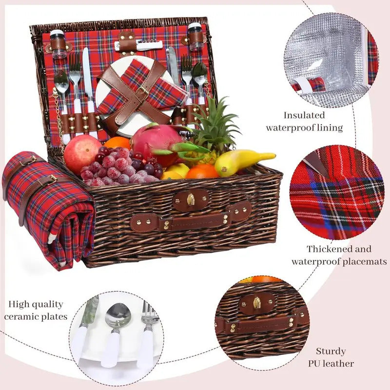 Wicker Picnic Basket for 4 with Insulated Cooler amp Waterproof Blanket - Image 5