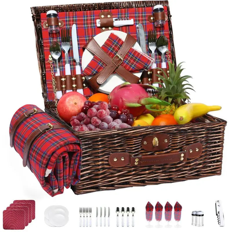 Wicker Picnic Basket for 4 with Insulated Cooler amp Waterproof Blanket - Image 1