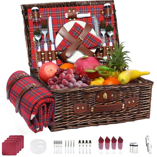 Wicker Picnic Basket for 4 with Insulated Cooler amp Waterproof Blanket - Image 1