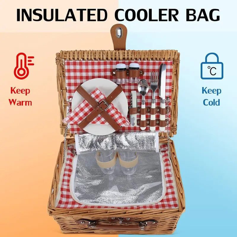 Wicker Picnic Basket for 2 Person with Insulated Compartment - Image 6