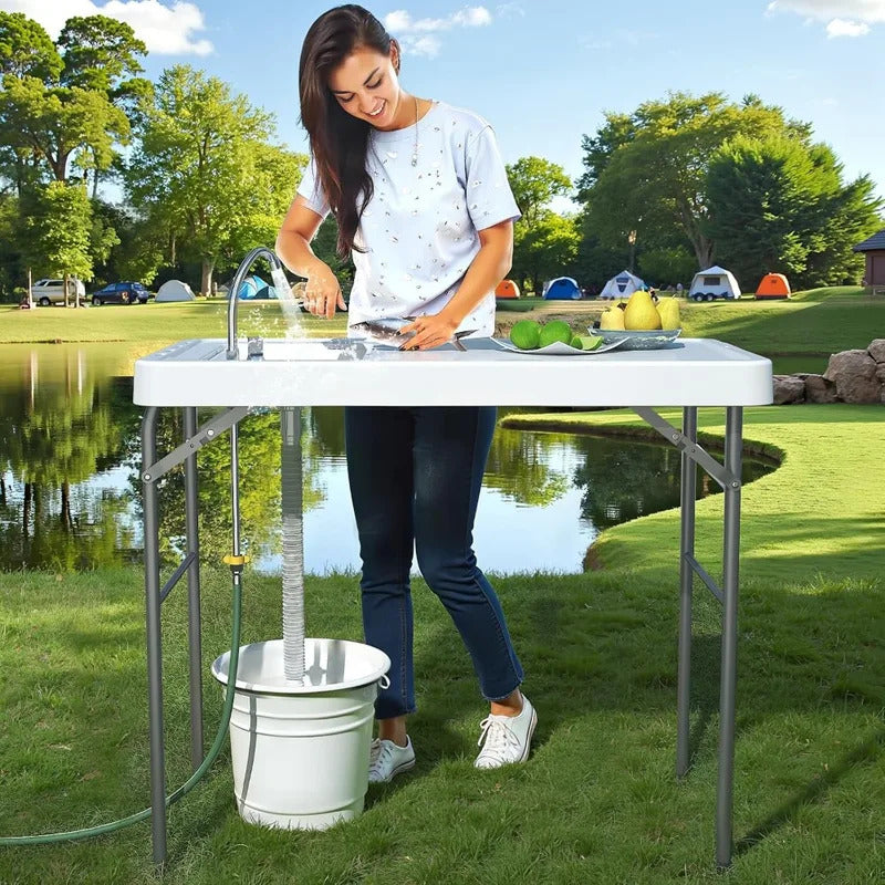 42.5 inch Folding Camping Table with Sink  with Hose Hoo - Image 1